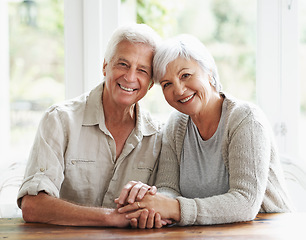 Image showing Senior, happy couple and portrait holding hands for love, romance or embrace in relationship or marriage at home. Face of elderly woman and man with smile for care in retirement or bonding together