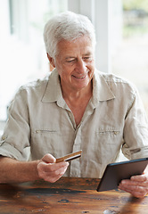 Image showing Happy senior man, credit card and tablet of online shopping, cash payment and fintech app. Elderly person, digital banking and ecommerce for finance, sales and easy investment transaction on internet