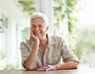 Image showing Portrait of senior man, smile and relax in home for retirement and good mood. Face of happy elderly male person on house patio for happiness, confidence and wisdom of ageing, wrinkles or grey hair