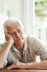 Image showing Senior man, lonely and thinking of depression, anxiety and stress of mental health, grief and problems. Depressed, sad and frustrated old guy in doubt, alzheimer and fear of crisis, emotions or worry