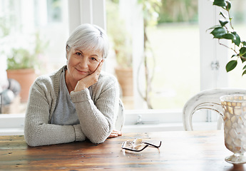 Image showing Portrait of senior woman, smile and relax in home for retirement and good mood. Face of happy elderly lady and person in house for happiness, confidence and wisdom of ageing, wrinkles or grey hair