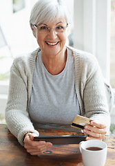 Image showing Happy senior woman, tablet and credit card for online shopping, payment or banking on table at home. Portrait of excited elderly female shopper on technology for ecommerce, purchase or bank app