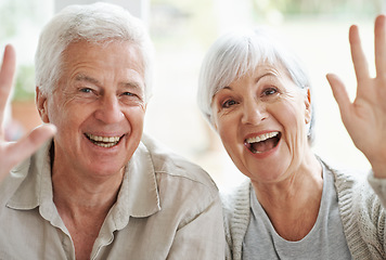 Image showing Portrait, senior couple and waving on video call, digital communication and voip connection at home. Face of happy old man, excited woman and hello for virtual contact, online networking and chat