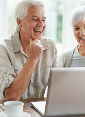 Image showing Happy senior couple, laptop and connection in home for online shopping, internet research and website blog. Old man, woman and laughing on computer for social media, funny digital news and technology