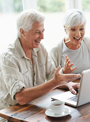 Image showing Excited senior couple, laptop and cheering in home for online shopping deal, sales and good news in lottery. Happy old man, woman and wow celebration on computer for winning, surprise and competition