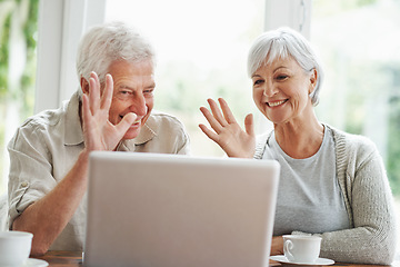 Image showing Senior couple, laptop and waving on video call, digital communication and voip connection at home. Happy old man, elderly woman and wave hello on computer for virtual contact, online network and chat