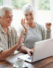 Image showing Happy elderly couple, laptop and waving on video call, internet communication and voip chat at home. Senior man, old woman and wave hello on computer for virtual conversation, contact and connection