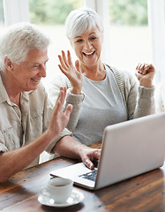 Image showing Happy old couple, laptop and waving on video call, digital communication and voip connection at home. Senior man, elderly woman and wave hello on computer for virtual contact, chat and technology