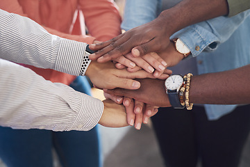 Image showing Hands together, team and support with diversity, collaboration and unity in creative group at startup. Motivation, solidarity and trust with teamwork goal, hand stack with people in community