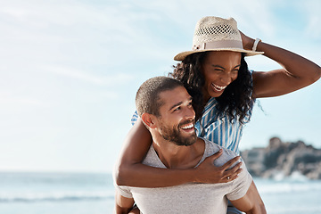 Image showing Happy couple, adventure at sea and piggy back with blue sky, mockup space and summer holiday travel to ocean. Romance, man and woman at beach with happiness on date and vacation together in Cancun.