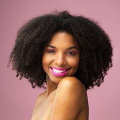 Image showing Hair care, face and happy black woman with makeup in studio isolated on a pink background for skincare. Hairstyle portrait, beauty cosmetics and African female model with salon treatment for afro.