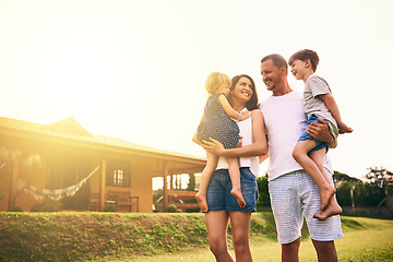 Image showing Family, bonding and new home with father, mother and kids with happiness and love. Outdoor, mockup and lens flare of a mom, dad and children together in a garden and backyard with a smile and care