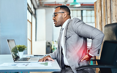 Image showing Business man, back pain and stress with red overlay, bad posture and burnout with medical problem at office. Male corporate person at desk with backache, anatomy and health crisis with injury