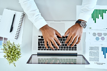 Image showing Business man, hands and laptop with documents, data analysis and digital planning, copywriting and seo report. Charts, graphs and stats paperwork of professional person on computer typing from above