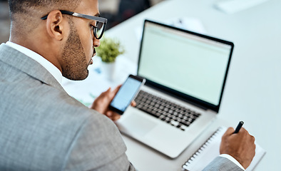 Image showing Writing, planning and business man on a phone, computer and office management, market research or website ideas. Notebook, online search and professional person or web designer, mobile app and laptop