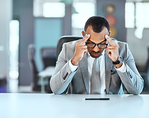 Image showing Business man, headache and stress with brain fog, mental health problem and crisis at work with corporate burnout. Male professional with anxiety, migraine and pain, tired and depressed with fail