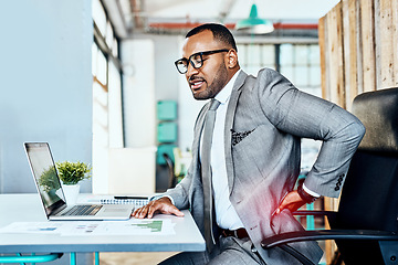 Image showing Business man, back pain and burnout with red overlay, bad posture and stress with medical problem at office. Male corporate person at desk with backache, anatomy and health crisis with injury