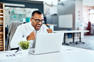 Image showing Business man, winning and excited on laptop success, news or bonus in celebration, cheers and wow in office. Yes, fist and winner, employee or person celebrate on computer promotion, sales or results