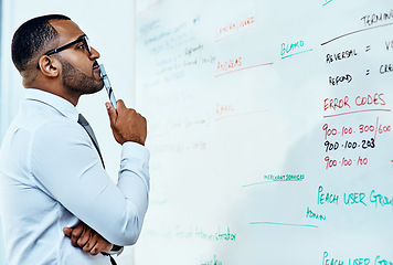 Image showing Thinking, planning and business man on whiteboard brainstorming, ideas and numbers or math problem solving. Accountant or African person reading data, accounting solution and finance target on board