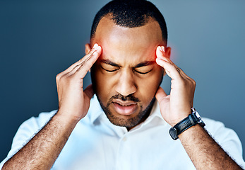 Image showing Professional man, headache and stress with red overlay, mental health problem and crisis with corporate burnout. Male person in business face with pain, migraine and hands on studio background