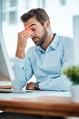 Image showing Business man, headache and stress, pain or fatigue in office while working on pc. Burnout, migraine and male person with depression, vertigo or brain fog, anxiety or mental health, tired or problem.