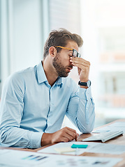 Image showing Business man, headache and sick, tired or fatigue in office while working on pc. Burnout, migraine and male person with depression, vertigo or brain fog, anxiety or mental health, stress or problem.