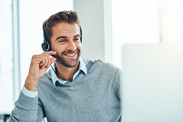 Image showing Call center, CRM and man customer care consulting with a smile doing internet telemarketing sales in an agency office. Young, computer and happy male employee working on support service for advice