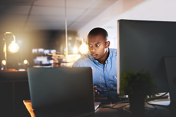 Image showing Business stress, man working and computer at night with office typing and project web research. African male worker, technology and coding for website management for company with tech and anxiety