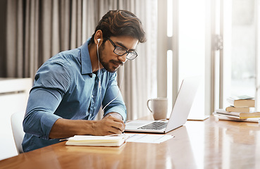 Image showing Business home and man with a laptop, remote work and focus with connection, planning or professional. Male person, consultant or entrepreneur with pc, technology or writing with inspiration and ideas