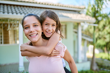 Image showing Portrait, children and a piggyback mother with her daughter outdoor in the garden of their home together. Face, smile and love with a happy woman carrying her female child outside in the backyard