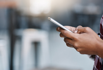 Image showing Woman, hands and phone of student typing on social media for communication, texting or networking at campus. Hand of person or university learner chatting on mobile smartphone app on mockup space