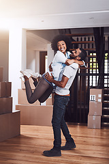 Image showing Moving in portrait, couple hug and love with real estate sale and cardboard boxes at new apartment. Happiness, excited and African woman and man together with a smile from mortgage and property deal