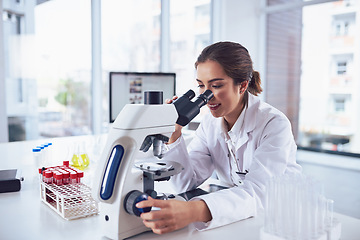 Image showing Science, research and woman with a microscope, analysis and healthcare with results, technology and experiment. Female person employee or researcher with lab equipment, career and medicine innovation