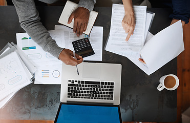 Image showing Finance, documents and business people hands with calculator, computer and data analysis, teamwork and budget. Financial report, paperwork and profit, numbers or statistics of woman and partner above