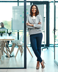 Image showing Portrait, business and woman with arms crossed, smile and startup success in a modern office. Face, female person and employee with confidence, motivation and career with professional and leadership