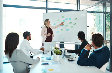 Image showing Meeting, presentation and strategy with a business woman coaching her team in the boardroom during a workshop. Data, planning and chart with a female manager teaching an employee group in the office