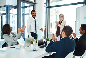 Image showing Professional, meeting and congratulations on presentation at the office for leadership and success. Business, people and promotion with applause for celebration with teamwork during collaboration.