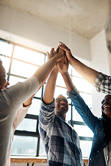 Image showing Team, startup and group with high five, teamwork and achievement with collaboration, solidarity and goal. Staff, coworkers or men with women, support and professional with success and cooperation