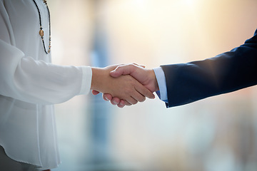 Image showing Handshake, business people and partnership with hiring and welcome, team and collaboration. Recruiting, onboarding with man and woman shaking hands, agreement or congratulations for promotion