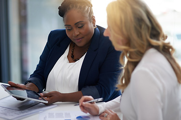 Image showing Black woman in business meeting, market research and tablet with collaboration, analysis of graphs and team in office. Digital data, review analytics information and female employees working together