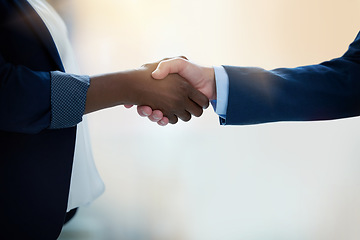 Image showing Closeup hand shake, business people and agreement in office for hiring, collaboration and thank you. Woman, businessman and shaking hands with respect, deal or welcome for recruitment at interview