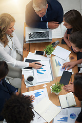 Image showing Business people in meeting with team, tech and market research paperwork on table and analysis of graphs. Review information, data analytics and employees work together with top view of collaboration