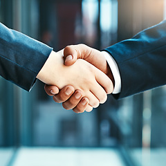 Image showing Handshake closeup, business people and collaboration, agreement and support with networking, welcome and introduction. Hiring, recruitment and promotion, corporate team shaking hands and partnership