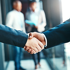 Image showing Handshake, business people with agreement and support with networking, welcome and introduction. Hiring, recruitment and promotion, corporate team shaking hands and partnership with collaboration