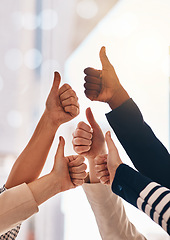 Image showing Hands, collaboration and thumbs up with a business team in the office together for motivation or success. Teamwork, yes and winner with an employee group in gesture of like, support or celebration