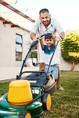 Image showing Portrait of happy father, child and lawn mower in garden for helping to cut grass, backyard or learning responsibility. Dad, boy and kid in teaching life skills with gardening machine for outdoor fun