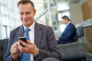 Image showing Happy, corporate or business man with phone in office for social media, content research or website review. Manager, accountant or employee with tech for social network, internet or mobile app