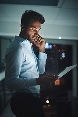 Image showing Night, tablet and phone call with a business man in the office to research information for a project. Communication, networking and contact on a mobile with a male employee working in the evening