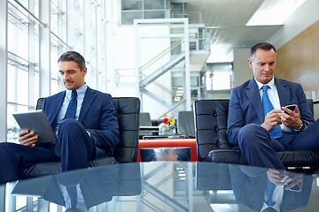 Image showing Relax, technology and search with business people in lounge with phone and tablet for contact, internet or email. Search, networking and communication with male employee in lobby of corporate company