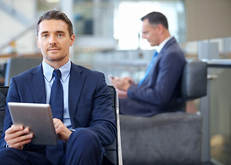 Image showing Corporate, portrait or businessman with tablet in office building for communication, networking or reading blog news. Focus, employee or manager with smartphone social media, social network strategy